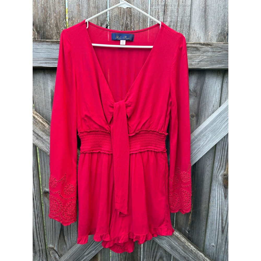Blue Rain Red Long Sleeve Eyelet Cuff Tie Front Romper Women Med. Kathie Lee F31